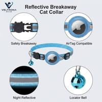 Collier pour chat VELTRONA avec support AirTag, boucle de sécurité détachable, nylon réfléchissant, réglable 20-35 cm, clochette