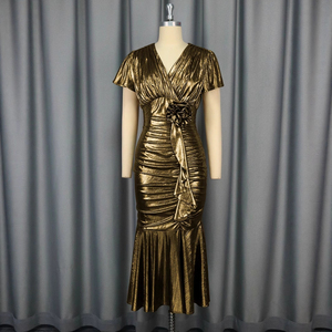 Robe de soirée élégante dorée mi-mollet à col en V, froncée, à manches courtes, ornée de fleurs, taille empire, idéale pour l'été et les fêtes - Product Image 2