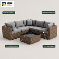 Ensemble de canapé d'extérieur modulaire en rotin tressé en forme de L avec table basse et 5 coussins pour patio