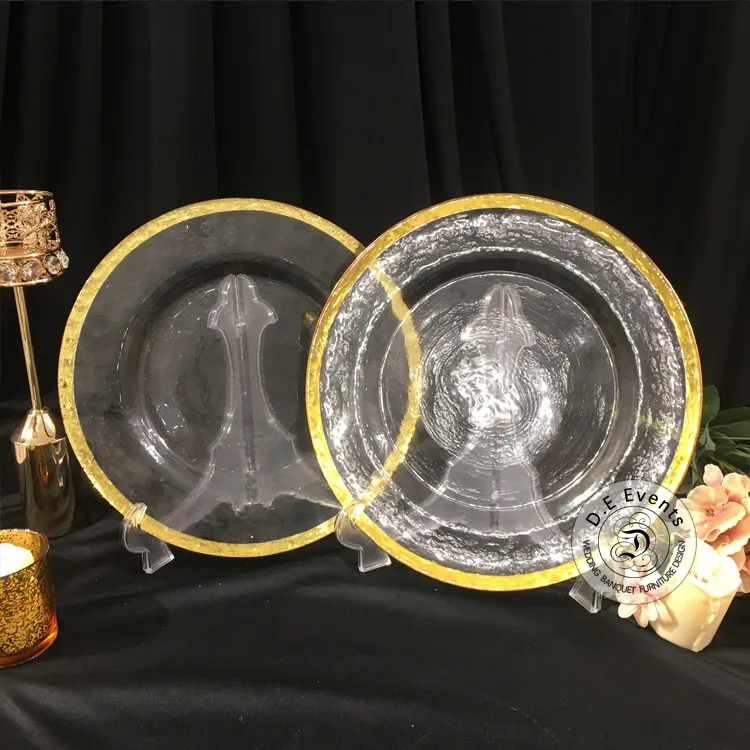 Round glass dining plates gold trim tempered glass wedding charger plates