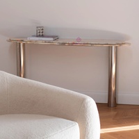 Table console de luxe en onyx arc-en-ciel biologique double couche avec pieds chromés polis – Pièce maîtresse moderne pour entrée