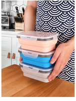 Récipient rétractable pliable en silicone de qualité alimentaire à compartiment Boîte à lunch pliante en silicone Bento avec fourchette