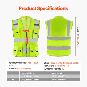 เสื้อกั๊กนิรภัยสะท้อนแสงสีเหลืองพร้อมกระเป๋า 10 ช่องสำหรับผู้ชายและผู้หญิง - Product Image 2