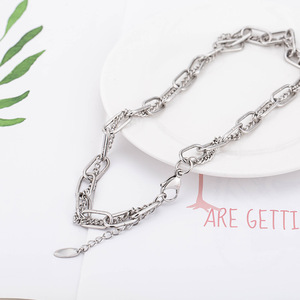 <b>Cross</b> Border Punk Hip Hop Clavicle Necklace Titanium Steel Double Layer <b>Chain</b> Unisex Geometric Style Fashion Jewelry - Product Image 1