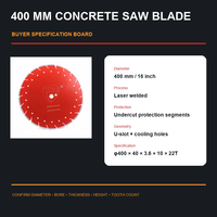 Lame de scie diamantée pour béton de 400 mm avec segments soudés au laser et protection contre les sous-coupures pour la découpe de béton armé sur route