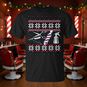 T-shirt Pull de Noël moche à motif de poteau de barbier, ciseaux et rasoir - Product Image 3