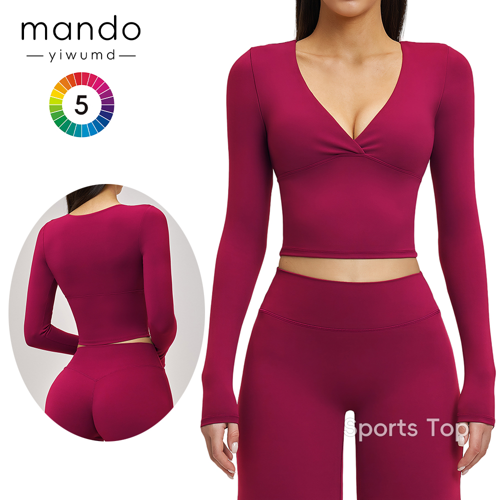 Women's Sexy Cross V-Neck T-Shirt Long HemBuilt in Chest Pad Compression Fit Activewear Long-Sleeve Yoga Top