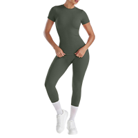 Ensemble de sport côtelé 2 pièces pour femme : T-shirt à manches courtes col rond et Legging taille haute effet push-up, sans coutures, anti-transparence pour les squats, idéal pour le yoga. Commande en gros.
