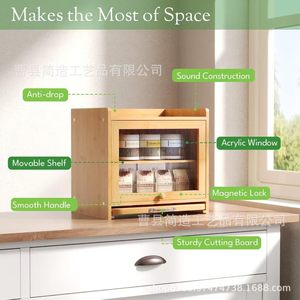 Simplified Bamboo Bread <b>Box</b> Double Layer With Cutting Board Kitchen <b>Storage</b> <b>Drawer</b> - Product Image 4