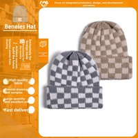 Nouveau bonnet en tricot à carreaux avec broderie de logo personnalisé et patch en cuir, coupe ample et chaude, effet amincissant pour le visage, idéal pour l'automne et l'hiver