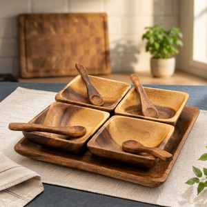 Ensemble de service artisanal en bois d'acacia, 4 bols carrés, cuillères, plateau, plats à collation en bois, vaisselle de restauration, compatible lave-vaisselle - Product Image 1