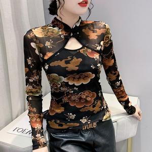 Otoño nuevo digno <span class=keywords><strong>de</strong></span> diseño estilo étnico Stand Collar placa pequeña <span class=keywords><strong>boca</strong></span> Sexy malla camisa <span class=keywords><strong>de</strong></span> manga larga mujeres - Product Image 3