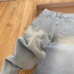 Celana Jeans Wanita Biru Muda Model Lurus dengan Ritsleting Berhias Rhinestone, 100% Nilon, Desain Terbaru Musim Gugur 2025, Pinggang Tinggi, Efek Langsing, dan Lebar - Product Image 4