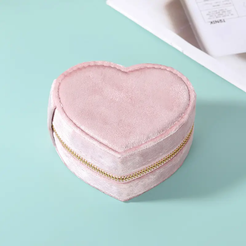 Popular Solid Color Velvet Travel Jewelry Box Portable Heart Shape Woman Jewelry Storage Case Boxes