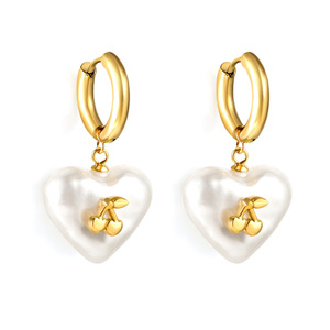 Pendientes de aro de acero inoxidable con forma de corazón y dije de perla de cereza, color dorado, para mujer, joyería de moda - Product Image 2