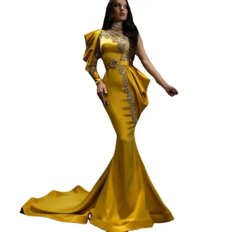 Good Quality High Neck Party Elegance Yellow Plus Size Women Evening Dress For Girls