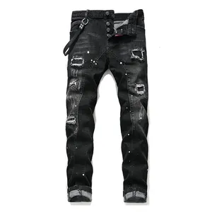 Custom fashion Casual designer jeans men Ripped Black skinny jeans men Stretch Slim Bike denim pants