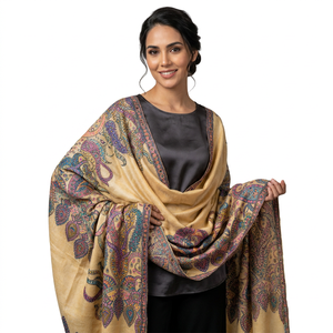 Antique Indian Long Kani <b>Shawls</b> Handmade Pashmina Cashmere Wool Silk Woven Satin Premium Upmarket Kashmir Pattern Breathable - Product Image 1