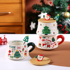 Hot Selling Christmas Ceramic <b>Coffee</b> <b>Mug</b> with Bamboo Lid and Spoon Christmas <b>Mug</b> Gift <b>Set</b> - Product Image 5