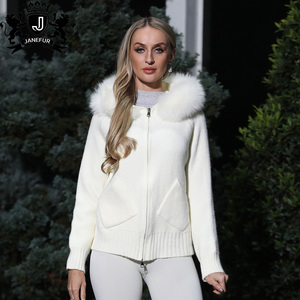 Janefur Comfortable Exquisite Fur Collar Hooded <strong>Ladies</strong> Premium <strong>White</strong> Knitted Zipper <strong>Cardigan</strong> Women's Newest Knit Coat - Product Image 4