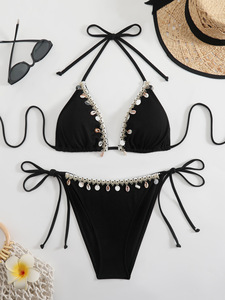 Maillot de bain deux pièces côtelé à bretelles et détails coquillage pour femme - Product Image 1
