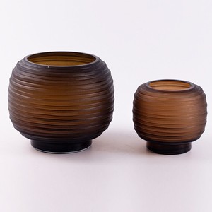 Premium Amber Brown Gradient Ribbed Glass Vase Set Artisanal Spherical Design Horizontal Stripes Art Deco Handmade <b>Table</b> - Product Image 4