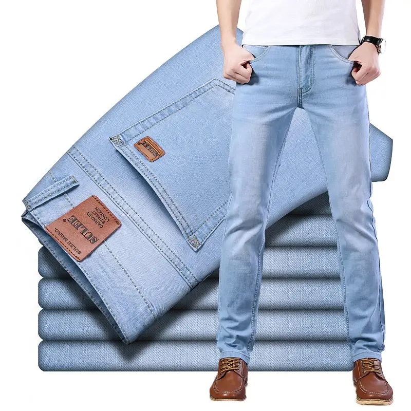 2022 Brand Top Classic Style Men Spring Summer Jeans Business Casual Light Blue Stretch Cotton Denim Trousers For Men