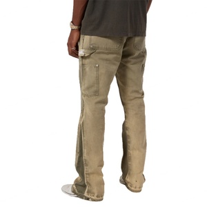 Custom Trousers 100% Cotton Vintage Slim Fit Wide Leg Distressed Double Knee Green <b>Carpenters</b> Denim Flare Jeans for <b>Men</b> - Product Image 3