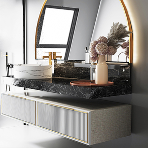 OPPOLIA Mueble de Baño Suspendido de Metal Arqueado Semicircular con Lavabo, Espejo y Lavamanos de Cerámica Acanalado - Product Image 3
