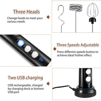 Fouet électrique à main Rechargeable, mousseur à café avec 3 fouets en acier inoxydable, 3 vitesses réglables