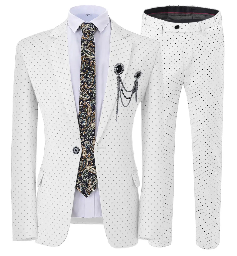 2020 new fashion Casual 2 pieces spring autumn white slim fit suit men with dot design wedding suit