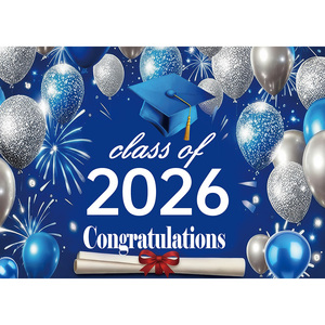 Toile de fond photographique Bleu Argent Classe de 2026, Décor de remise de diplôme, Bannière de fête avec ballons et feux d'artifice, Personnalisable pour la remise de diplôme - Product Image 2