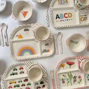 7 pièces ensemble bambou enfants vaisselle ensemble enfants plats assiette bol tasse fourchette et cuillère ustensile couverts repas dessin animé vaisselle - Product Image 3