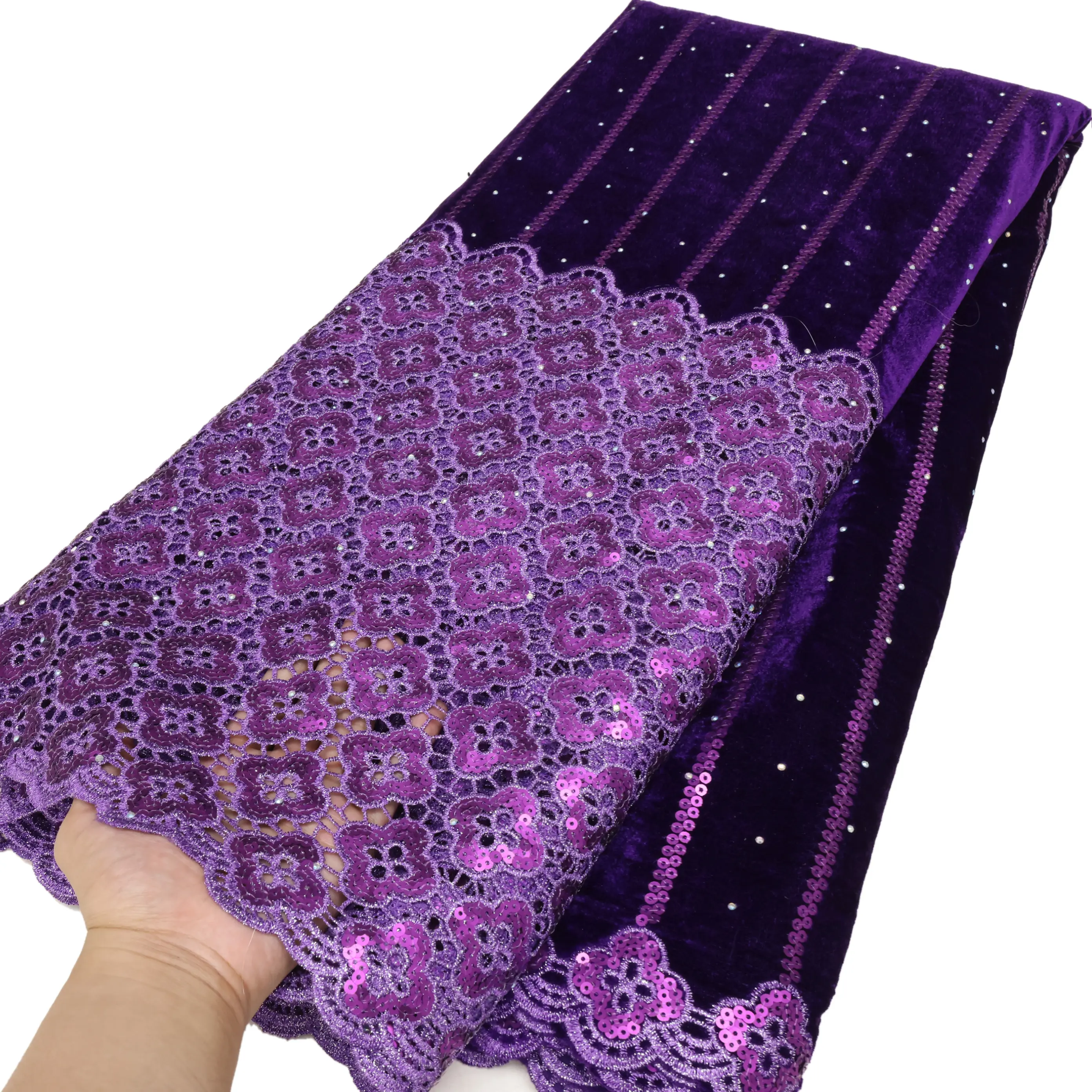 Niai Sequin Thêu Vải 5 Yards Cưới Nhung Với Đá Ren Vải Cho Người Phụ Nữ Bên