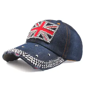 חדש בריטניה אנגליה דגל מותאם אישית רקמת כובעי יוניסקס ג 'ינס בד ריינסטון בייסבול כובעים