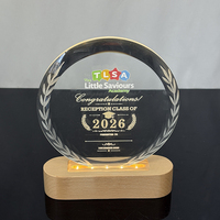 Plaque en cristal ronde personnalisée, trophée en cristal avec base lumineuse en bois MH-LJ0990