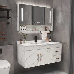 Mueble de baño de lujo blanco con espejo inteligente, lavabo blanco y cuerpo de gabinete colgante - Product Image 1