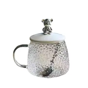 प्यारा और रचनात्मक भालू ग्लास चाय कप दूध ग्लास मग कॉफी को ढक्कन और पुआल के साथ सेट