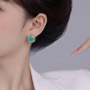 Wholesale Retro Luxury High-End Geometric Square Earrings Women Copper Genuine Gold Plated Zircon <b>Studs</b> Niche Fashion Gift - Product Image 6