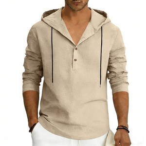 Chemise en coton et lin pour homme, nouvelle collection printemps, à capuche, manches longues, boutonnée, ornée de perles, couleur unie, polyvalente - Product Image 1