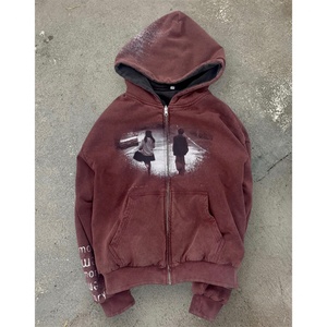 Sweat à capuche rétro surdimensionné à double face avec fermeture éclair, motif graphique vintage délavé personnalisé pour couple, streetwear pour hommes et femmes - Product Image 2