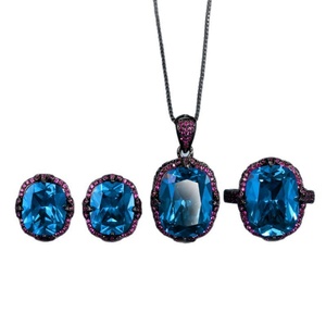 Ensemble de bijoux vintage écologiques en cuivre pour femme, design nid d'oiseau bleu 12*16mm, collier, boucles d'oreilles et bague plaqués or noir - Product Image 2