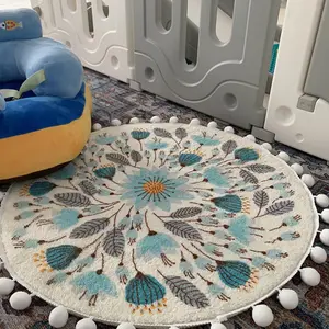 Uphome — tapis de bain rond de 2 pouces, petit, lavable, avec pompons, franges, plantes, tapis de salle d'eau, antidérapant, à lancer