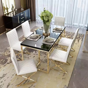 Chaises de salle à manger en acier inoxydable doré avec revêtement en cuir noir pour hôtels, mariages et événements (vente en gros) - Product Image 4