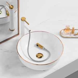 Lavabo redondo personalizado <span class=keywords><strong>pequeño</strong></span> de cerámica blanca brillante, lavabo de encimera, lavabos de baño <span class=keywords><strong>con</strong></span> línea dorada, barato - Product Image 1