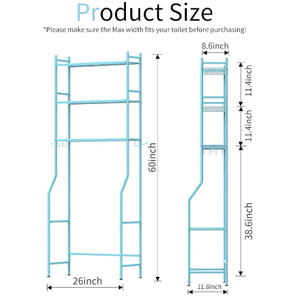 Étagères de salle de bain en métal autoportantes et peu encombrantes Bleu <span class=keywords><strong>au</strong></span>-<span class=keywords><strong>dessus</strong></span> des toilettes avec 4 crochets Meubles de rangement pour toilettes - Product Image 3