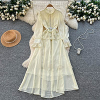 Robe décontractée élégante pour femme WIWT en mousseline rose à manches longues, à volants, coupe trapèze, avec décorations en strass, pour tous les jours et les soirées