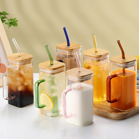 Mug carré en verre de 400 ml avec poignée, tasse à café en borosilicate de haute qualité, couvercle en bambou, couvercle en plastique, logo personnalisé pour la maison et le bureau
