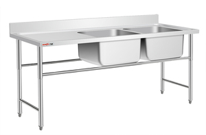 Wastafel dapur baja tahan karat, mangkuk meja wastafel ganda industri wastafel Restoran bangku wastafel baja tahan karat dengan papan pembuangan - Product Image 3
