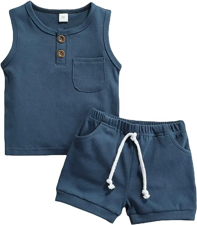 Customize 2 Pcs Boy Summer Clothes Infant Toddler Beach Outfits Sleeveless boys Tank Tops Shorts Set